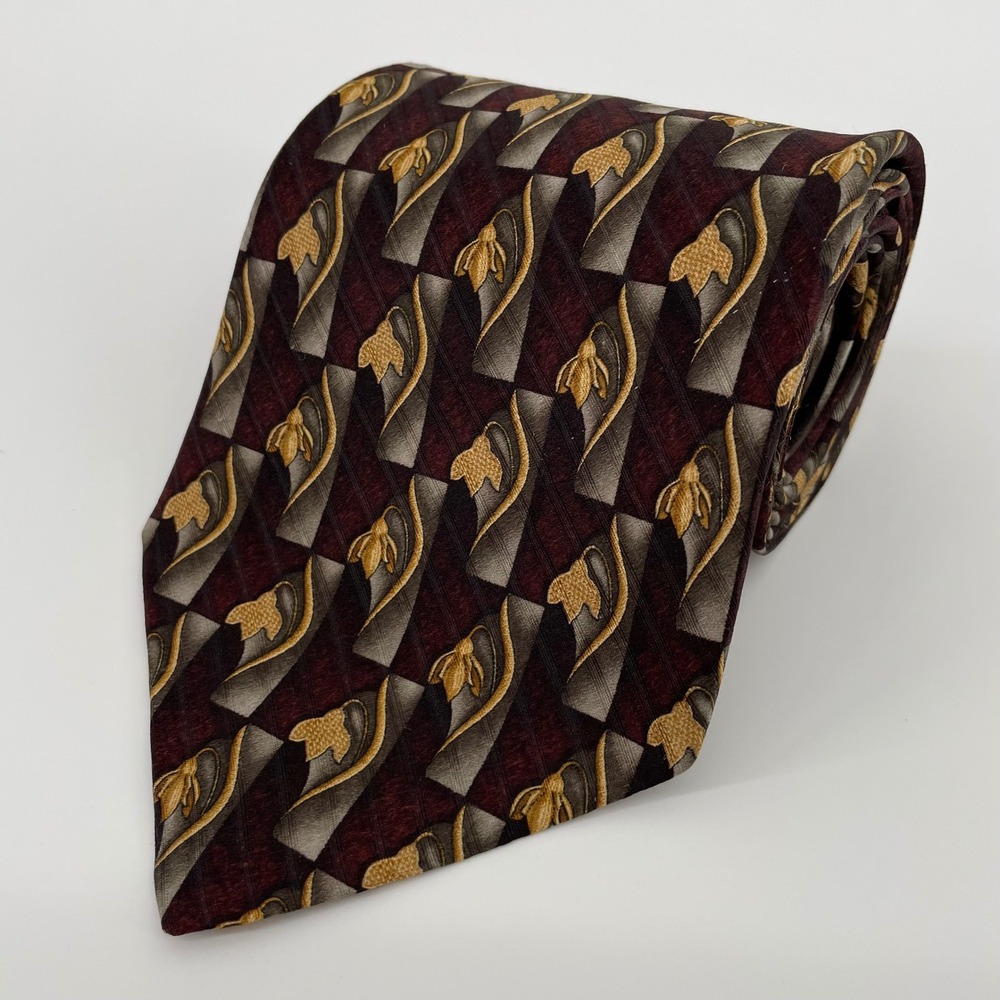 Robert Talbott Studio Silk Tie Men's Burgundy Grey Gold Geometric Floral USA
